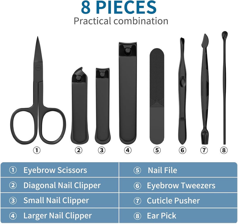 OFIDUS Precision 8 Pieces Men’s Nail Grooming Travel Kit, Stainless Steel Manicure Set with Fingernail & Toenail Clippers, Nail File, Slant Tip Tweezers, Cuticle Scissors, Cuticle Pusher, Travel Case - Image 5